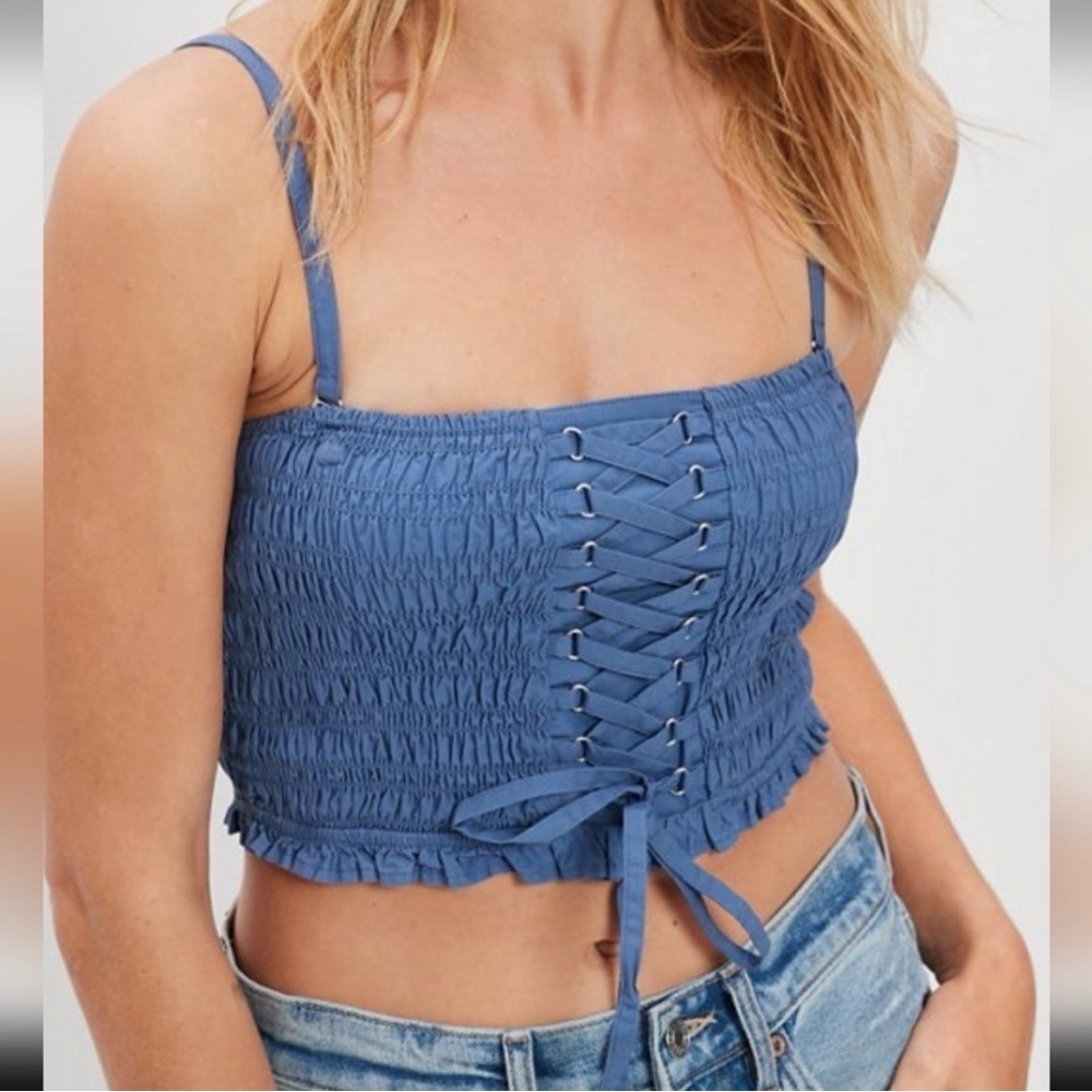 *NWT* American Eagle Blue Smocked Corset Sleeveless Crop Tube Top, Size Medium - Picture 2 of 12
